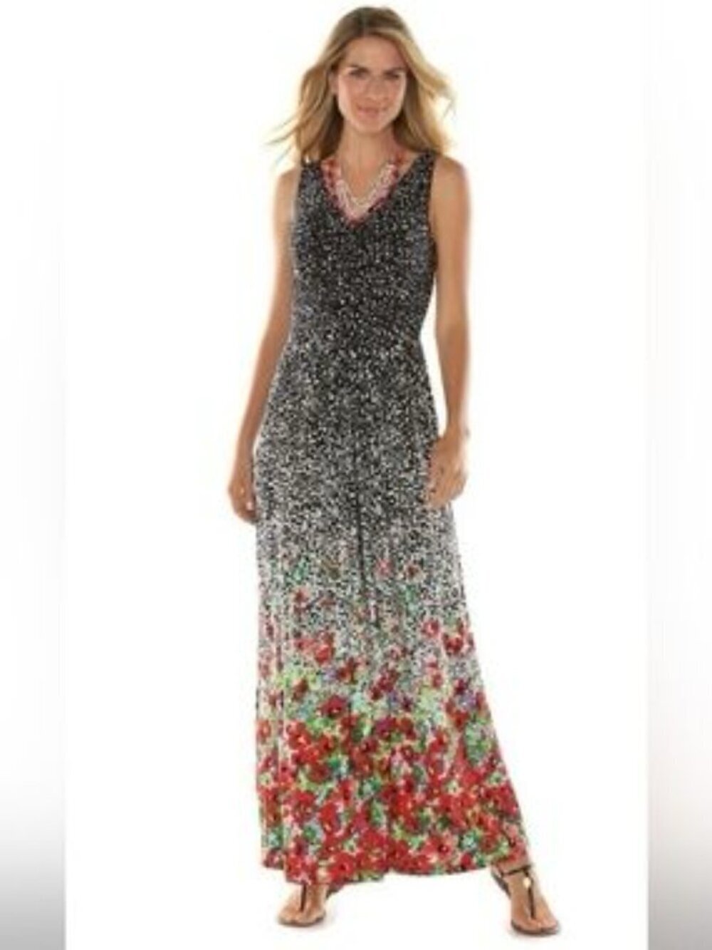Chaps Maxi Sleeveless V-Neck Gradient Multicolor Floral Pattern Dress Size S